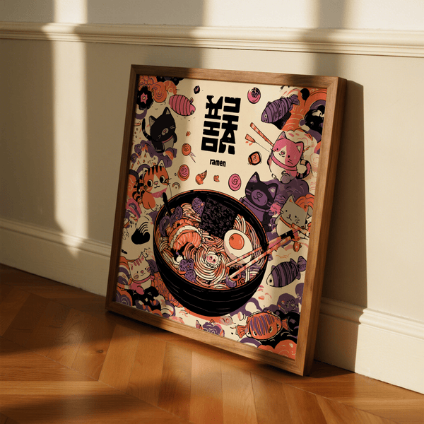 Cute Cat Ramen print with Black White Purple Orange for a cozy kitchen space