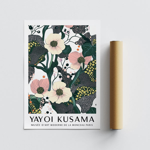 Green pink wall art with curving stems and soft neutral pinks