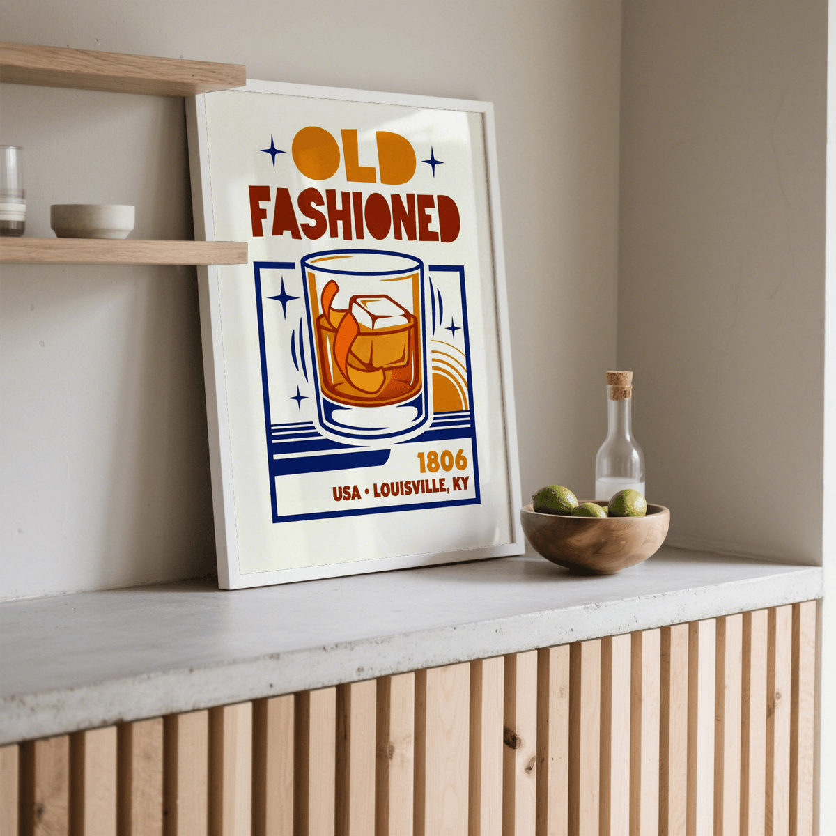 Old Fashioned Art Print with Blue and Brown, enhancing kitchen ambiance