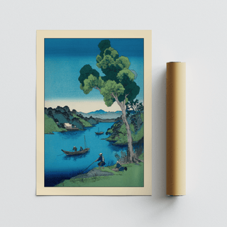 Vertical coastal print with figures along a tranquil shore