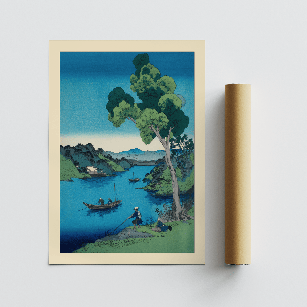 Vertical coastal print with figures along a tranquil shore