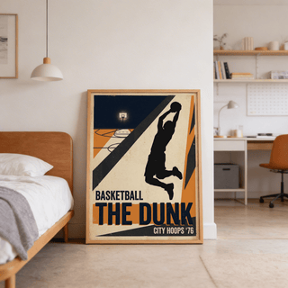 Printed retro basketball wall poster featuring “THE DUNK” headline and stylized court diagram elements