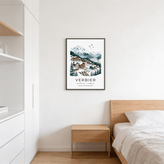 Swiss travel wall art print depicting a resort hillside with gondola lift and snowy landscape