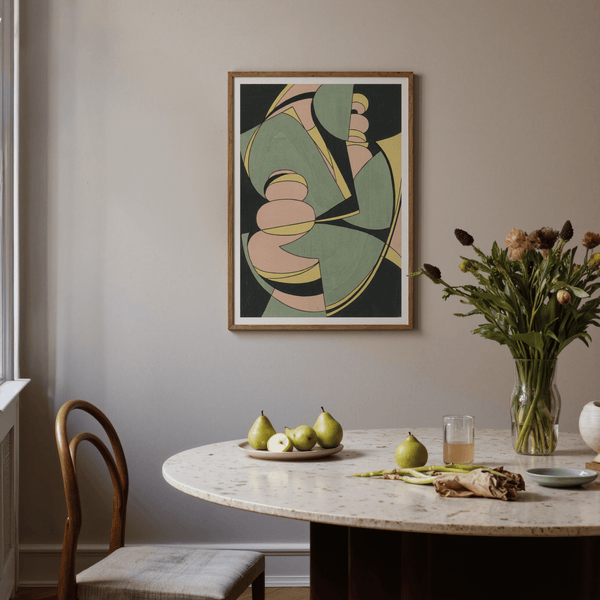 Abstract Geometric Art Print highlighting Yellow, Beige, and Green for hallway art print