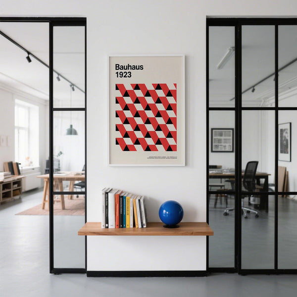 Framed Bauhaus pictures displayed above a minimalist desk.