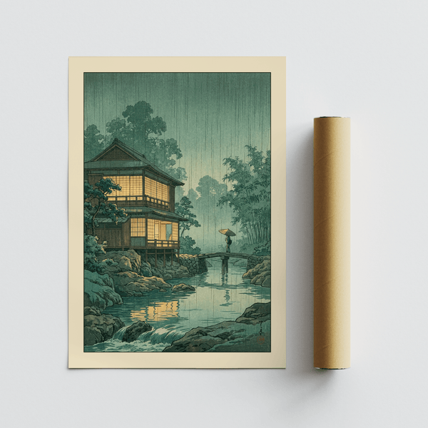 Quiet stream and waterfall foreground poster with rocks and rippling reflections