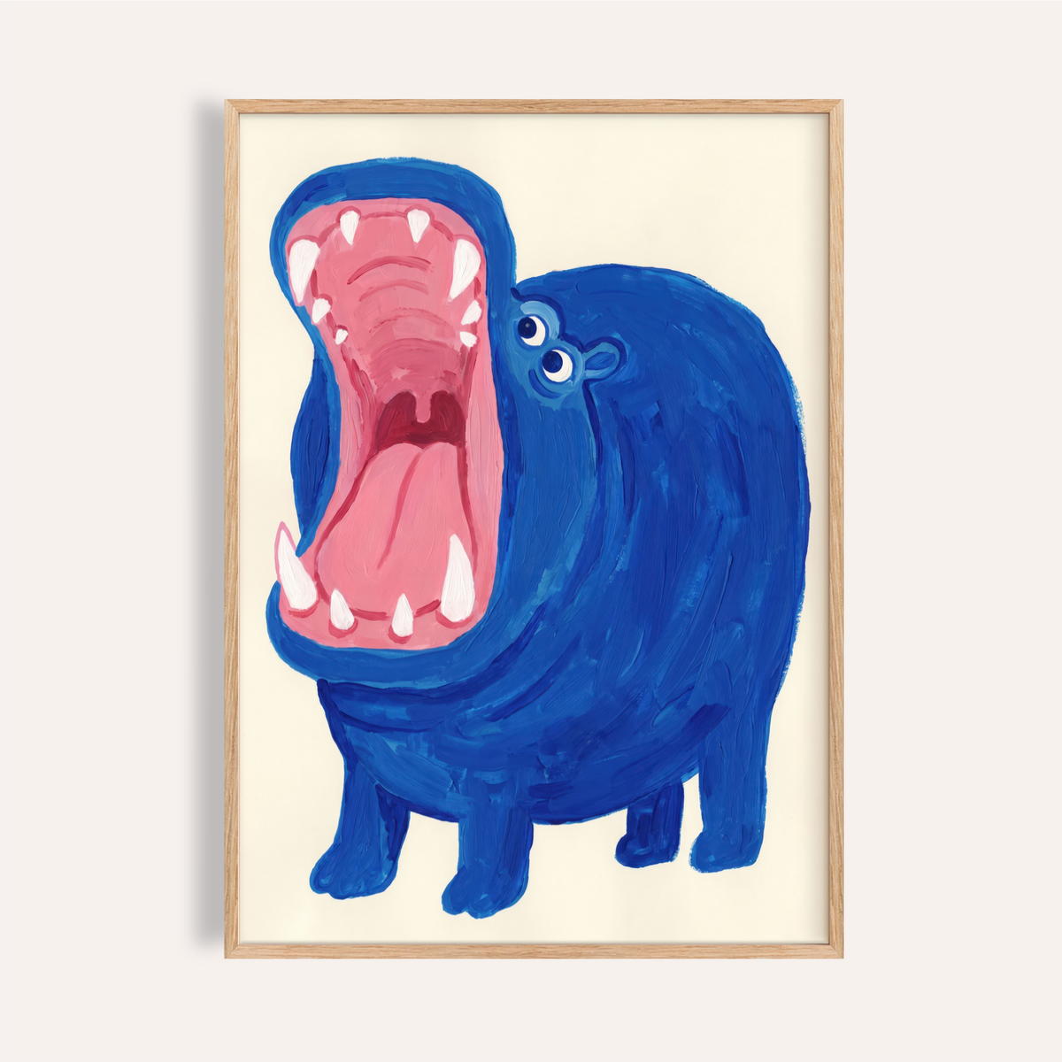 Blue Hippo Art Print with wide-open mouth and round body