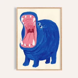 Framed print close-up of a blue happy hippo with open mouth and pink interior