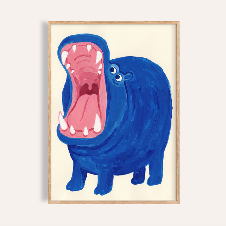 Blue Hippo Art Print with wide-open mouth and round body