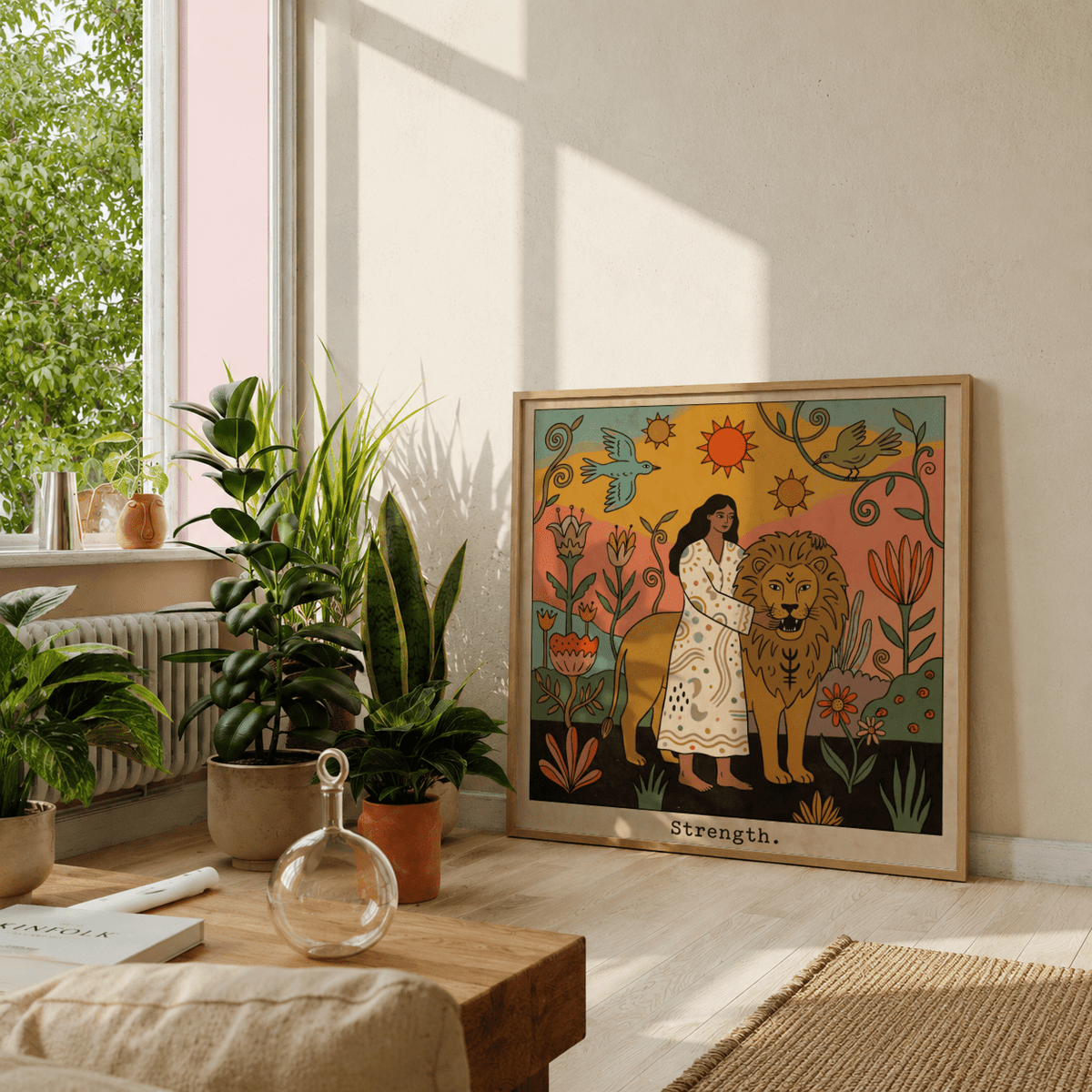 Birds flying above stylized folk floral pattern on tarot print