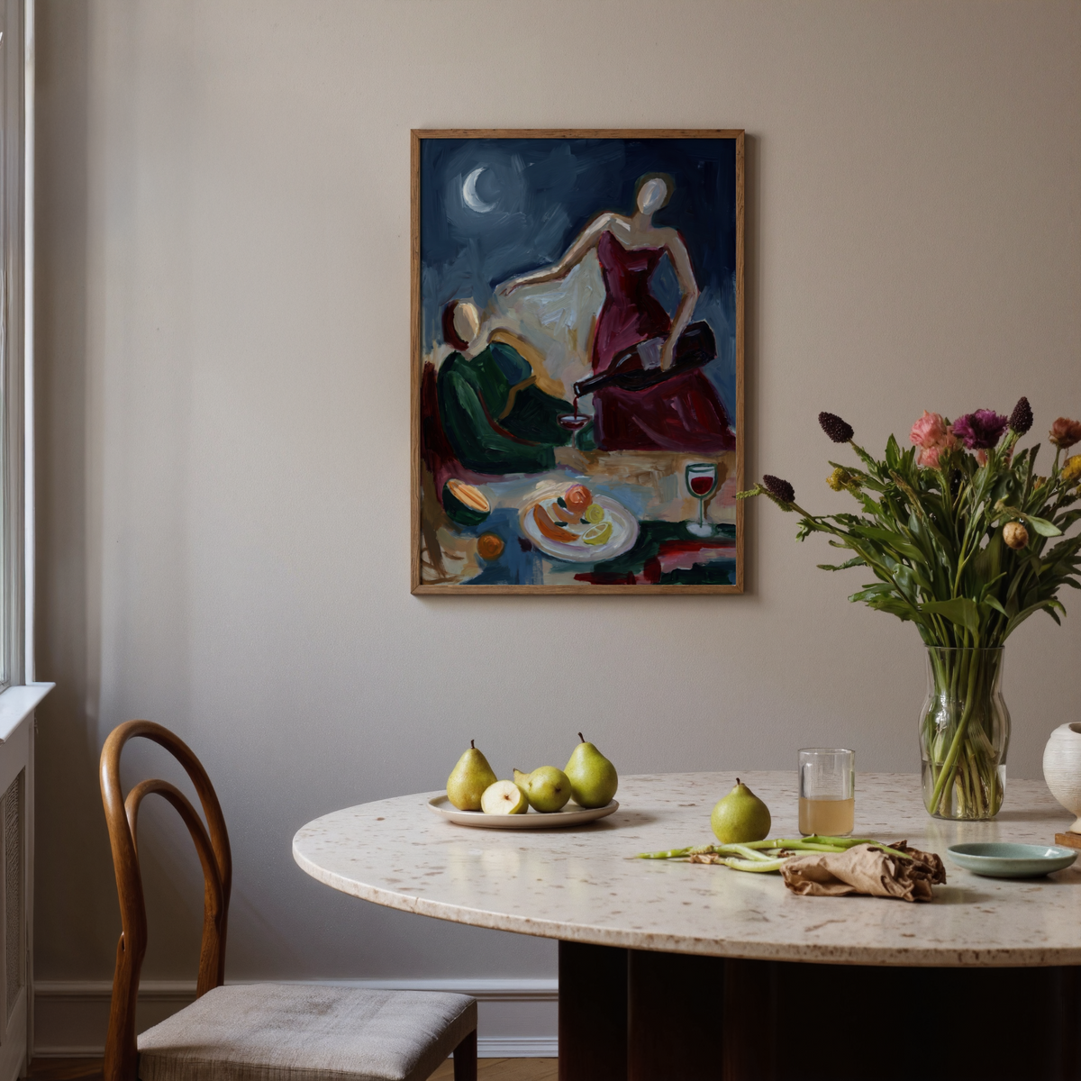 Figurative dining illustration print with seated couple, white plate, and glass of red wine