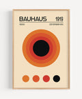 Bauhaus circular harmony art print with bold geometric design in red, orange, and black.