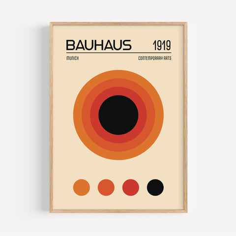 Bauhaus circular harmony art print with bold geometric design in red, orange, and black.