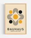 Bauhaus golden symmetry art print featuring yellow and black geometric circles