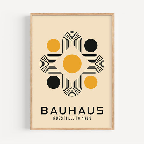 Bauhaus golden symmetry art print featuring yellow and black geometric circles