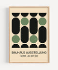 Bauhaus geometric wall art featuring green and black shapes inspired by modernist design