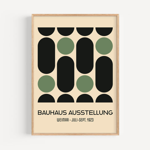 Bauhaus geometric wall art featuring green and black shapes inspired by modernist design