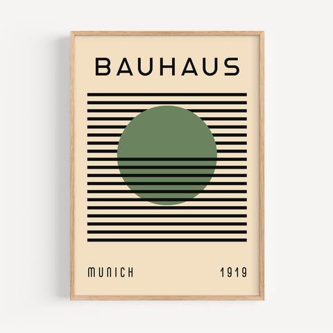 Green Sphere Bauhaus art poster featuring geometric design with bold black lines and a green circle