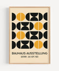 Bauhaus geometric harmony art print with bold yellow and black semi-circle design