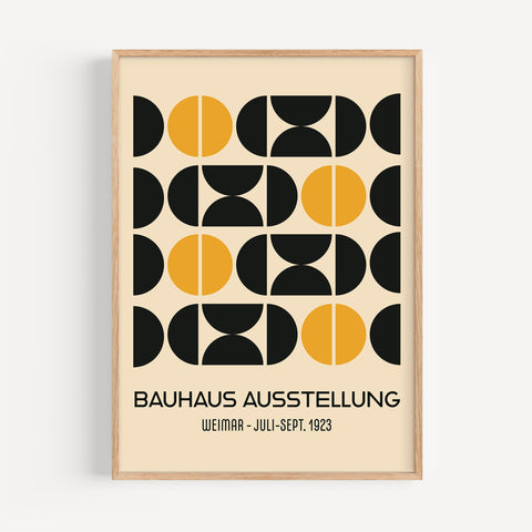 Bauhaus geometric harmony art print with bold yellow and black semi-circle design