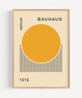 Bauhaus-inspired geometric poster with rising sun design
