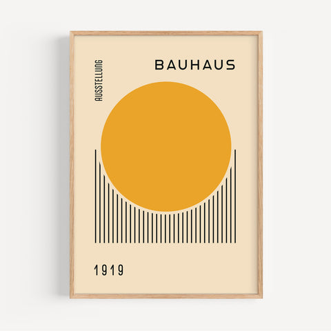 Bauhaus-inspired geometric poster with rising sun design
