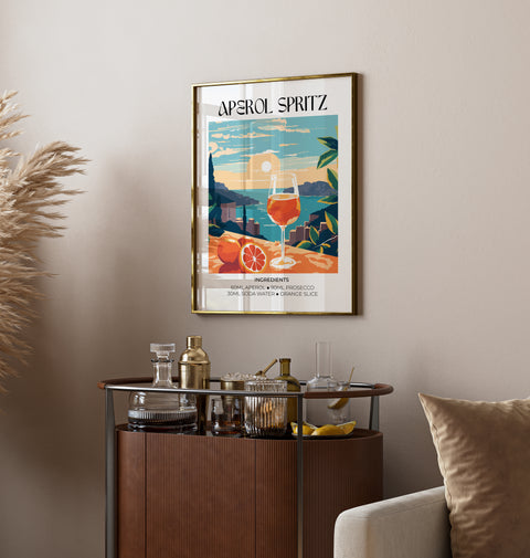 Vibrant Aperol cocktail art print, perfect for home bars and kitchen decor.
