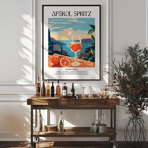 Abstract Aperol Spritz artwork with bright colours, perfect for bar decor.
