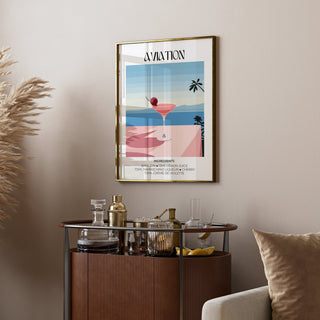 Aviation cocktail recipe illustrated in creative prints of cocktail