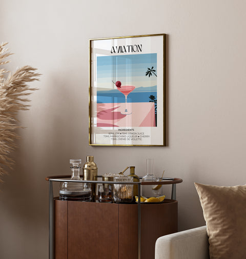 Aviation cocktail art print with classic drink ingredients, ideal for mixology lovers.
