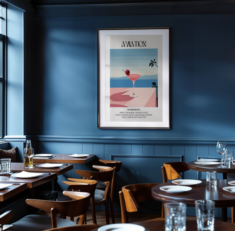 Matisse-inspired Aviation cocktail poster with pastel tones and elegant design.
