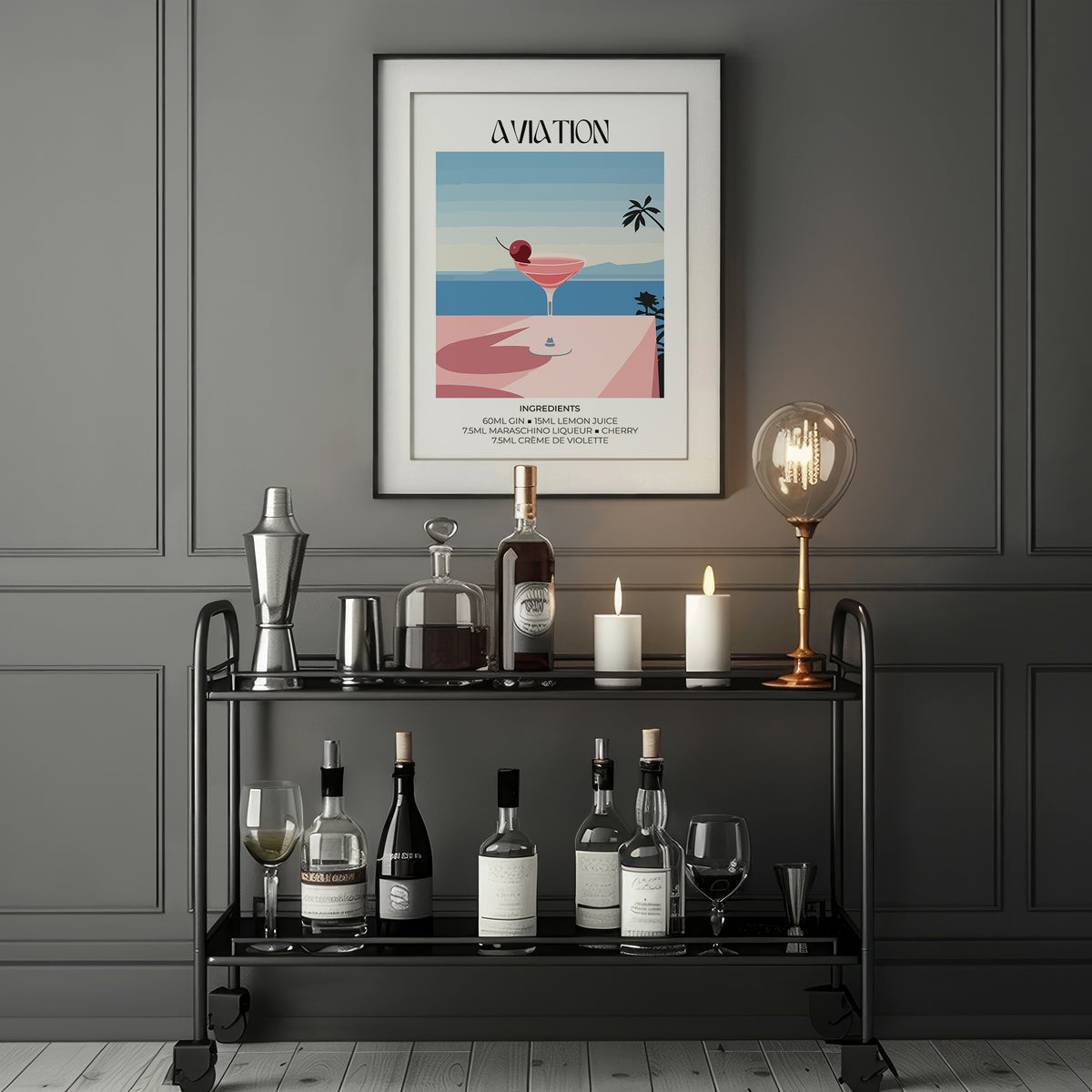 Vintage-style prints of cocktail showing Aviation ingredients and garnish