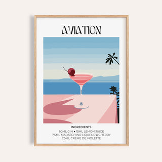 Prints of Cocktails framed print with minimalist aviation cocktail glass illustration in blue and pink