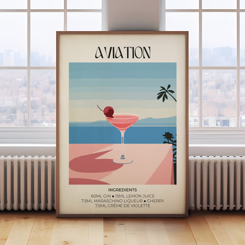 Vintage Aviation Cocktail Art in pastel colours, inspired by Matisse.