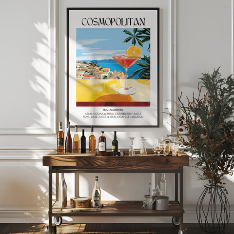 Stylish Cosmopolitan recipe poster with Matisse-inspired design in red, yellow, and blue.
