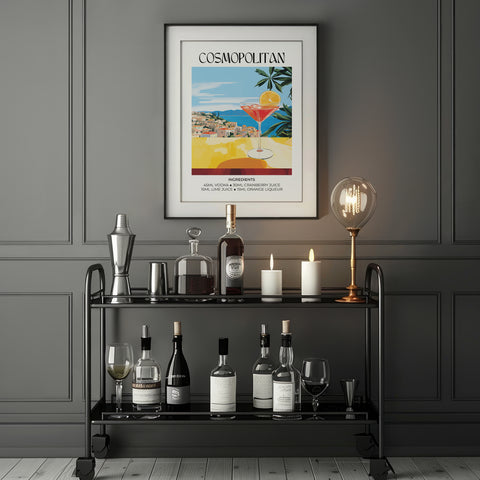 Contemporary cocktail artwork featuring Cosmopolitan drink recipe for home bars.
