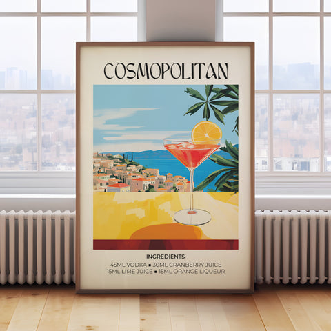 Cosmopolitan cocktail art print with vibrant colours, perfect for home bars