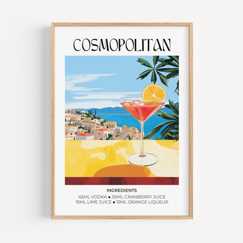 Cosmopolitan cocktail art print with vibrant colours, perfect for home bars