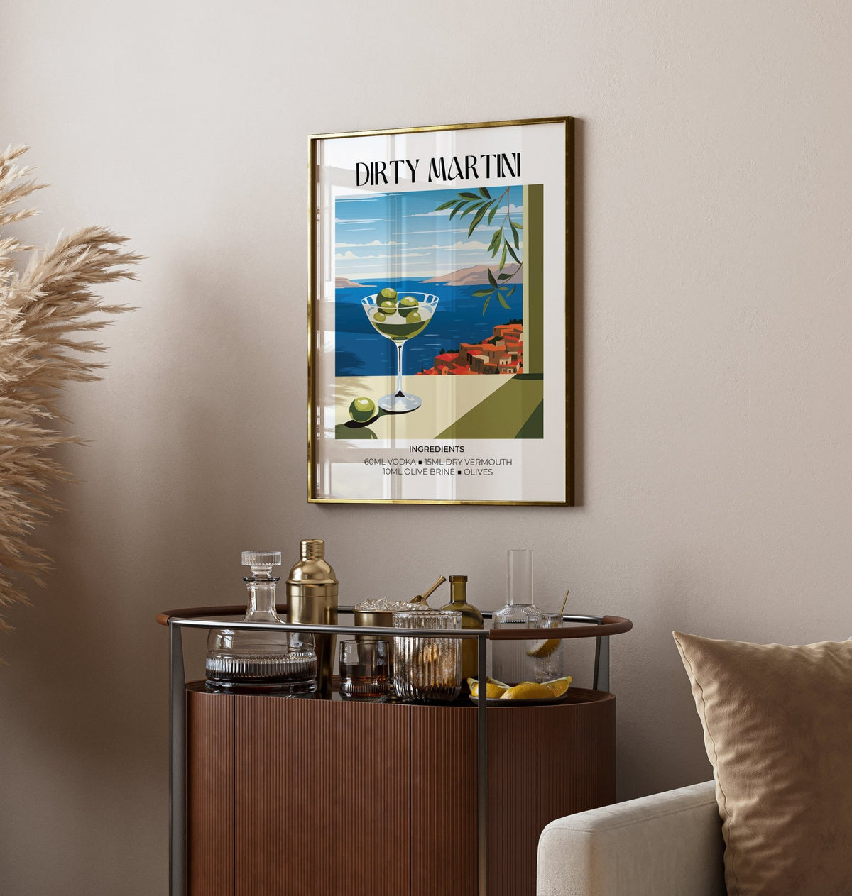 Artistic cocktail-themed home bar decor featuring abstract olives
