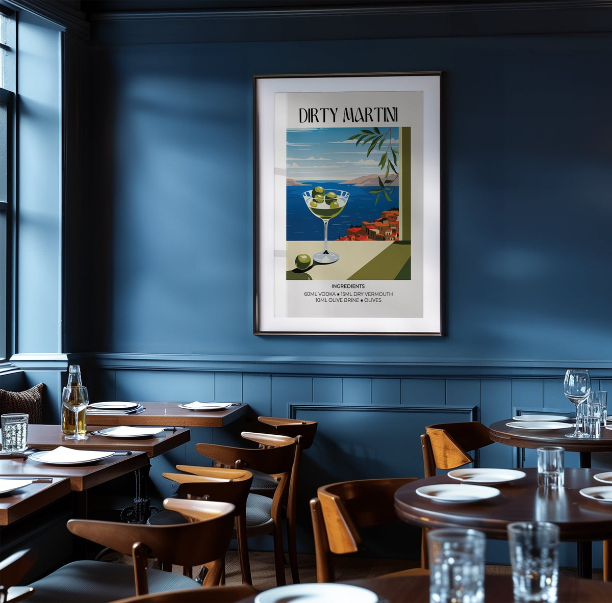 Home Bar Decor framed print with dirty martini illustration on a dark blue wall in a dining room