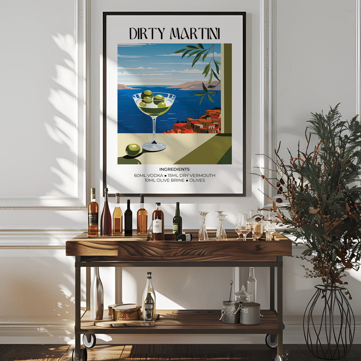 Home Bar Decor print of a dirty martini with olives and coastal view above a wooden bar table with bottles
