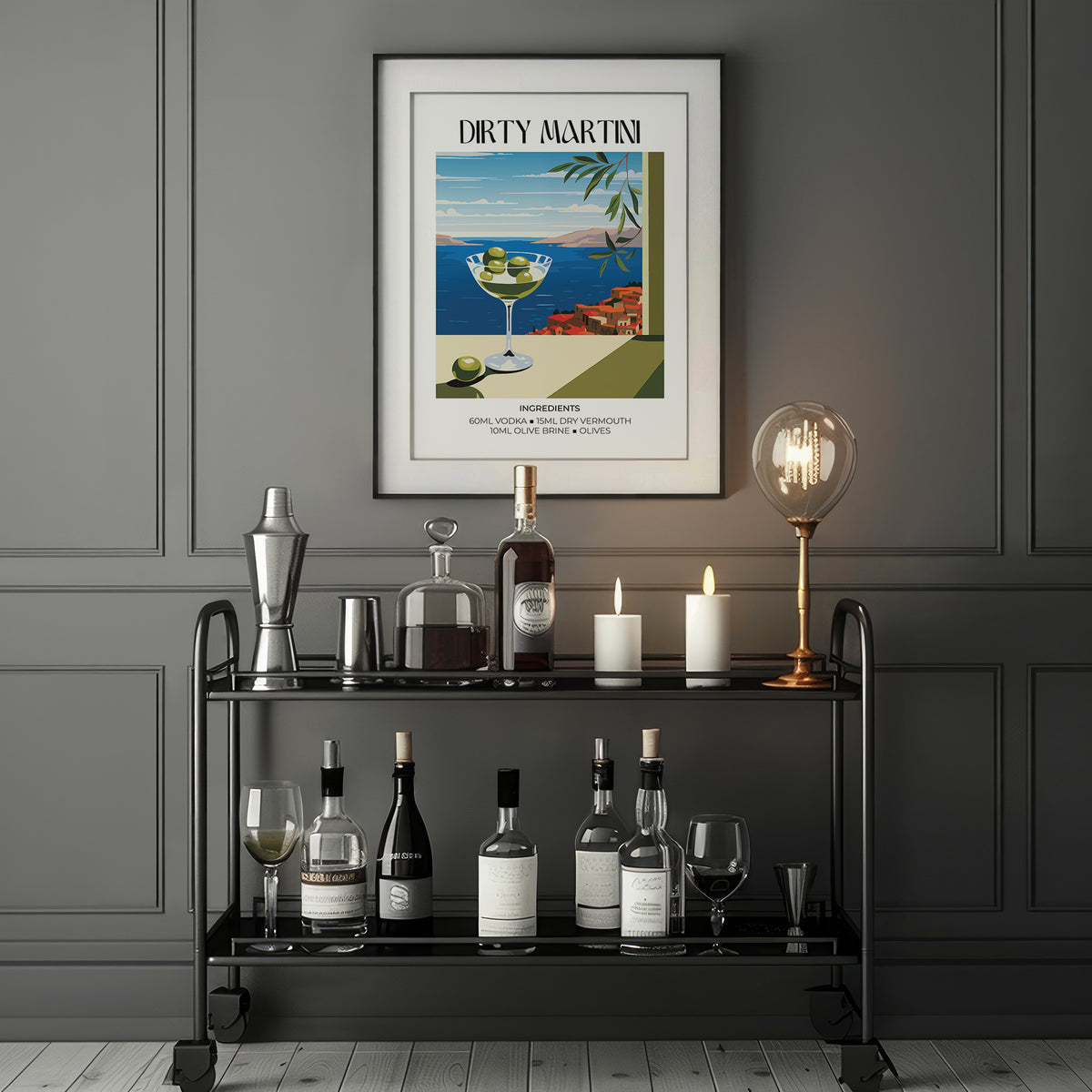 Sophisticated drink-themed home bar decor with rich color palette