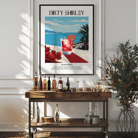 Bold and playful Dirty Shirley cocktail poster, perfect for home bar decor.
