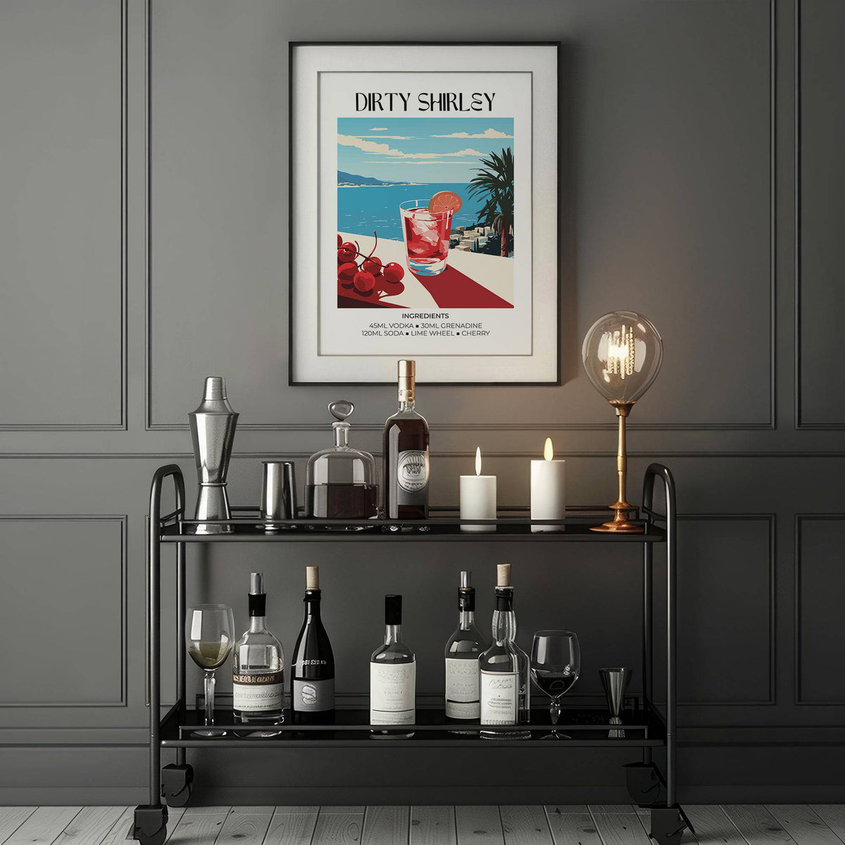 Playful bar wall pictures featuring cherry and lime Dirty Shirley drink
