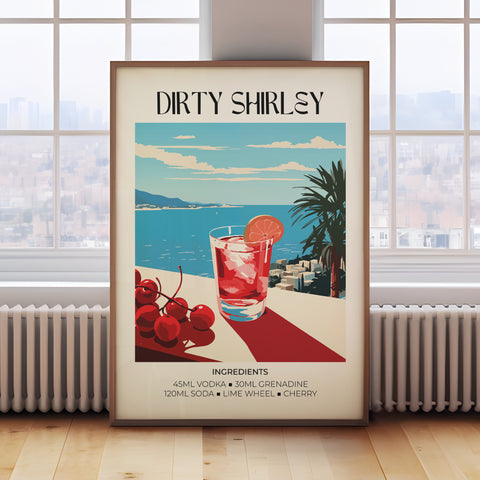 Dirty Shirley cocktail wall art with Matisse-style, featuring bold red and pink