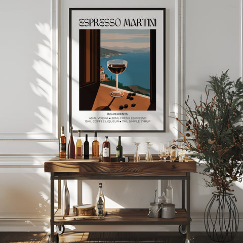 Espresso Martini cocktail print perfect for modern home bars or kitchen decor.
