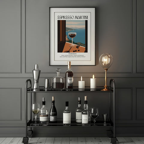 Modern wall decor with Espresso Martini design and coastal blue accents.
