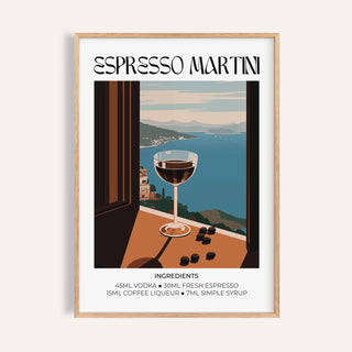 Framed Espresso Martini Poster with a minimalist illustration of a cocktail overlooking a coastal view