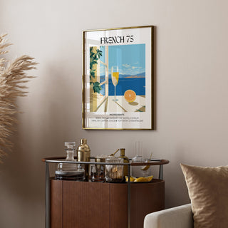 Champagne flute in vibrant bar artistique print with seaside background