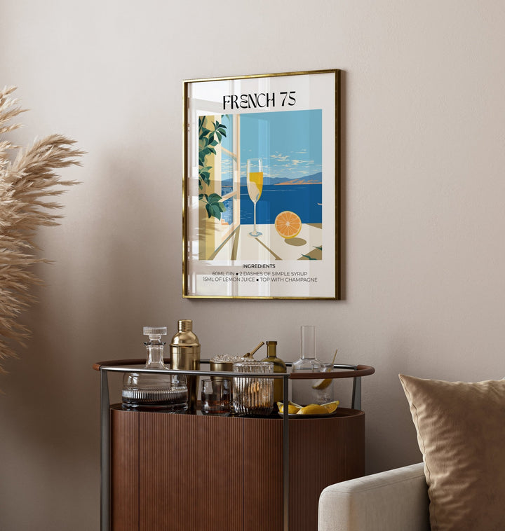 Bar Artistique wall art of a French 75 cocktail with blue sea and orange slice above a drinks trolley